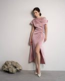 Dusty Rose Silk Midi Dress, Elegant Draped Neck Ruched Waist Gown