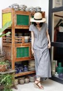 Gray Linen Button Front Maxi Dress, V Neck Short Sleeve A-Line Dress