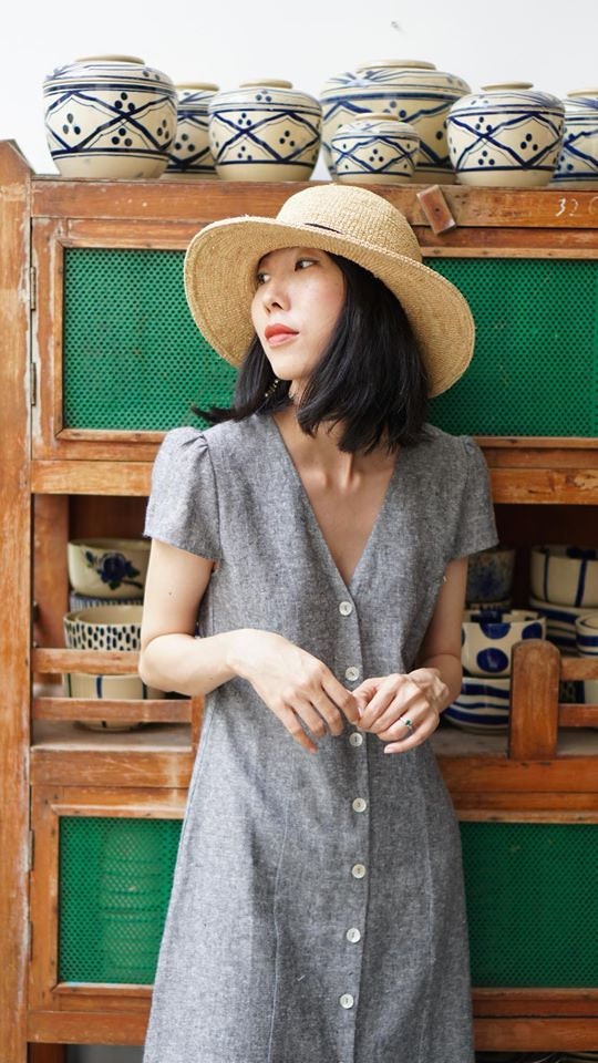 Gray Linen Button Front Maxi Dress, V Neck Short Sleeve A-Line Dress - Image 4