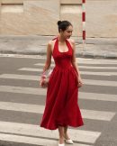 Red Silk Halter Midi Dress, Elegant Fit and Flare Summer Dress