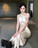 Champagne Silk One Shoulder Maxi Dress, Asymmetric Draped Neck Evening Gown