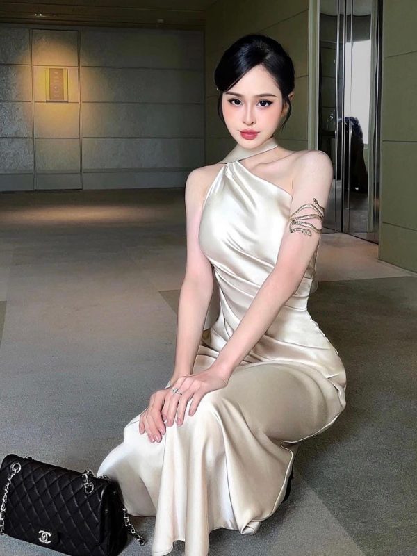Champagne Silk One Shoulder Maxi Dress, Asymmetric Draped Neck Evening Gown