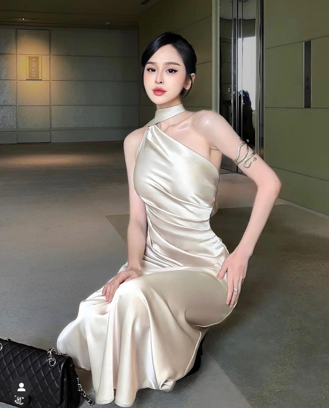 Champagne Silk One Shoulder Maxi Dress, Asymmetric Draped Neck Evening Gown - Image 3