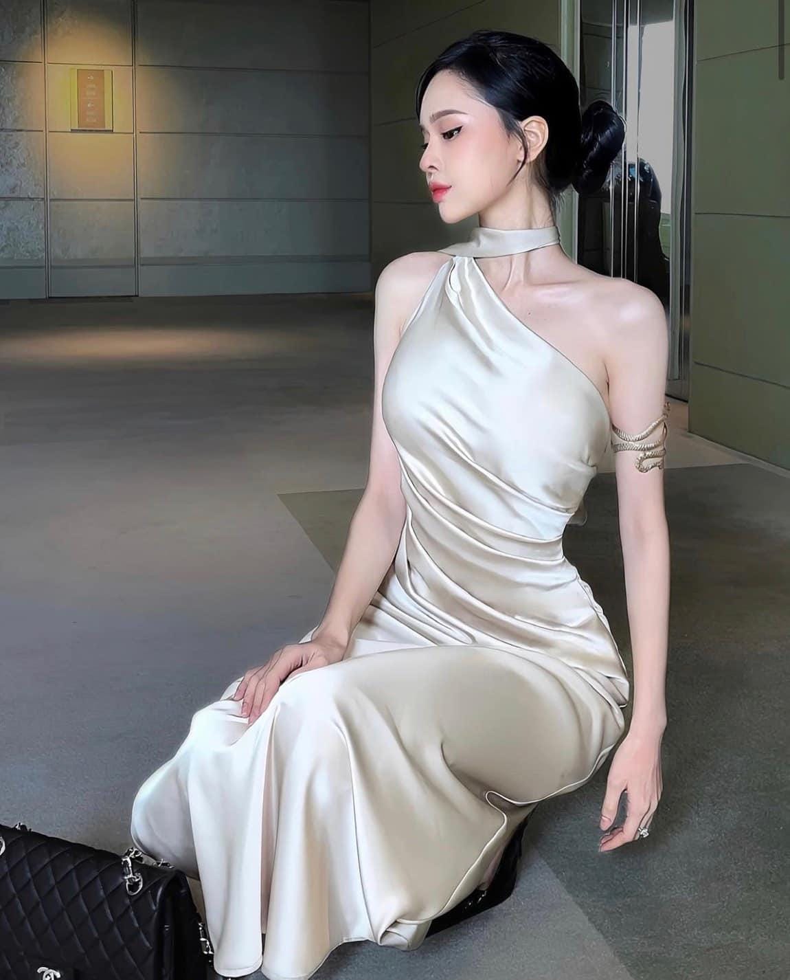 Champagne Silk One Shoulder Maxi Dress, Asymmetric Draped Neck Evening Gown - Image 2