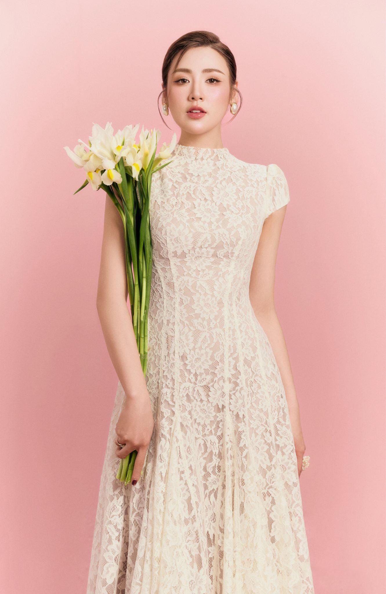 Ivory Lace Maxi Dress, High Neck Cap Sleeve Wedding Gown