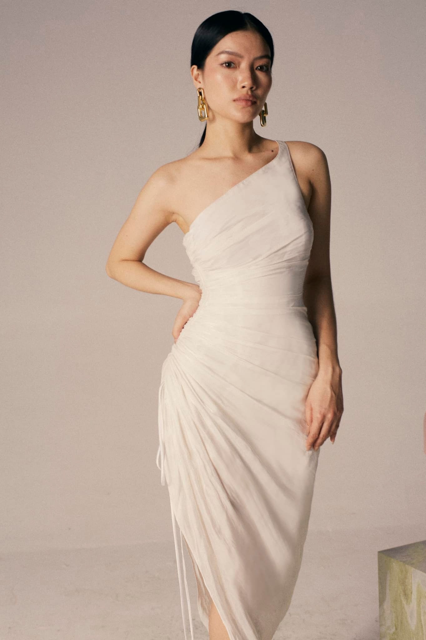Ivory Silk One Shoulder Midi Dress, Elegant Ruched Asymmetric Wedding Gown