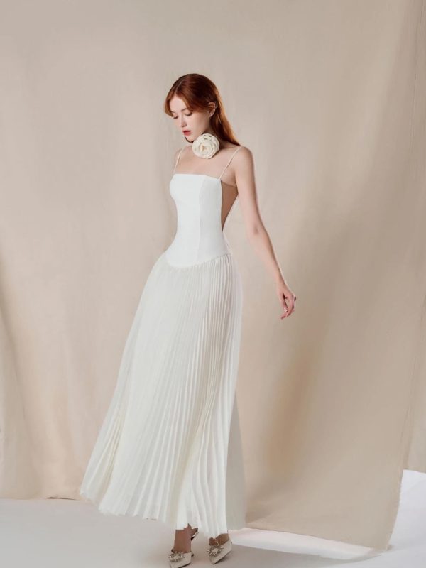 Ivory Silk Strapless Midi Dress, Drop Waist Pleated Wedding Reception Gown