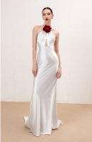 Ivory Silk Halter Wedding Dress, Keyhole Cutout Bridal Gown with Red Floral Accent
