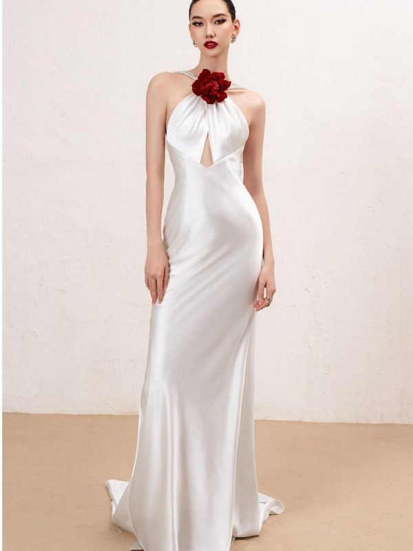 Ivory Silk Halter Wedding Dress, Keyhole Cutout Bridal Gown with Red Floral Accent