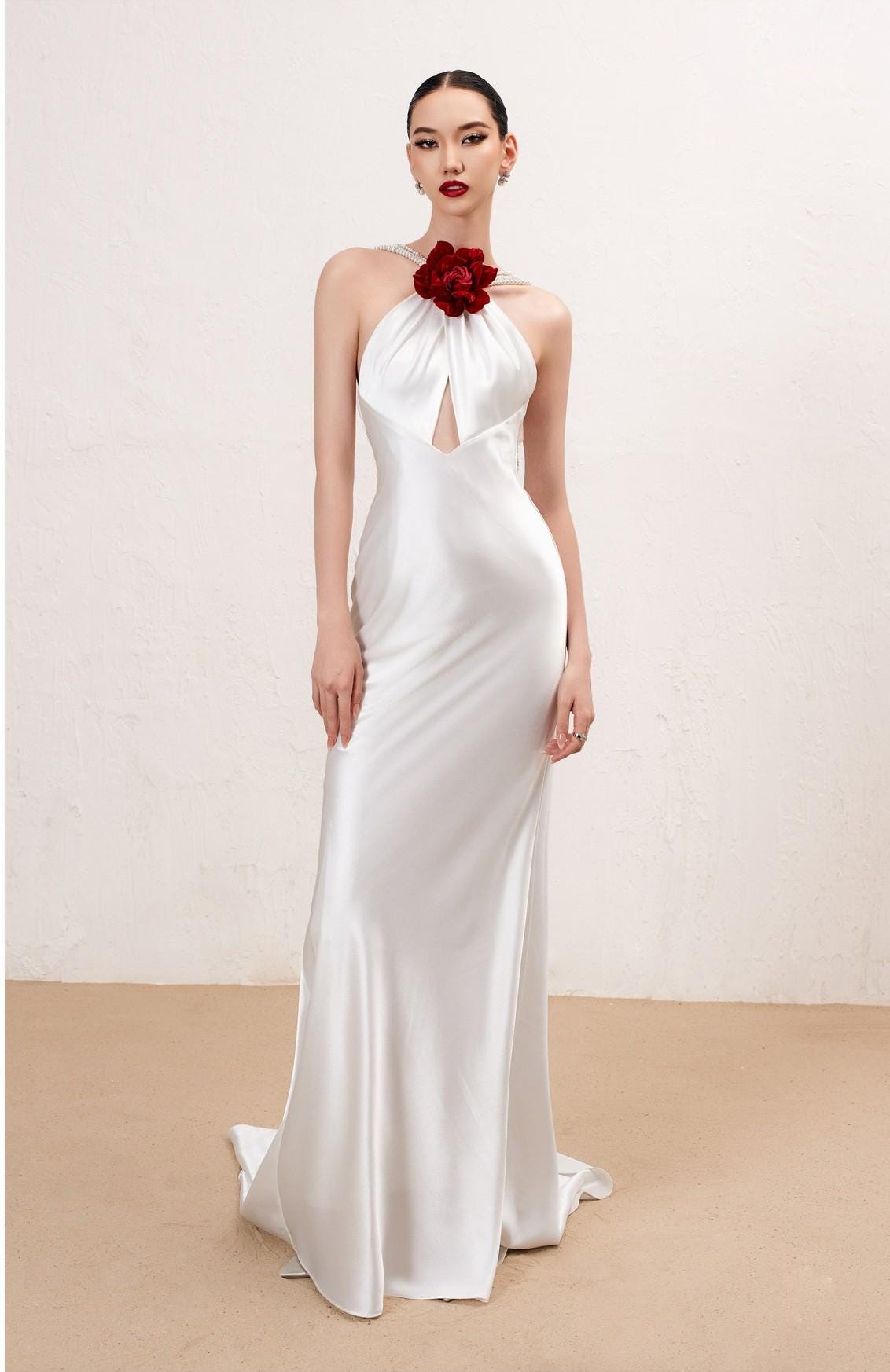 Ivory Silk Halter Wedding Dress, Keyhole Cutout Bridal Gown with Red Floral Accent