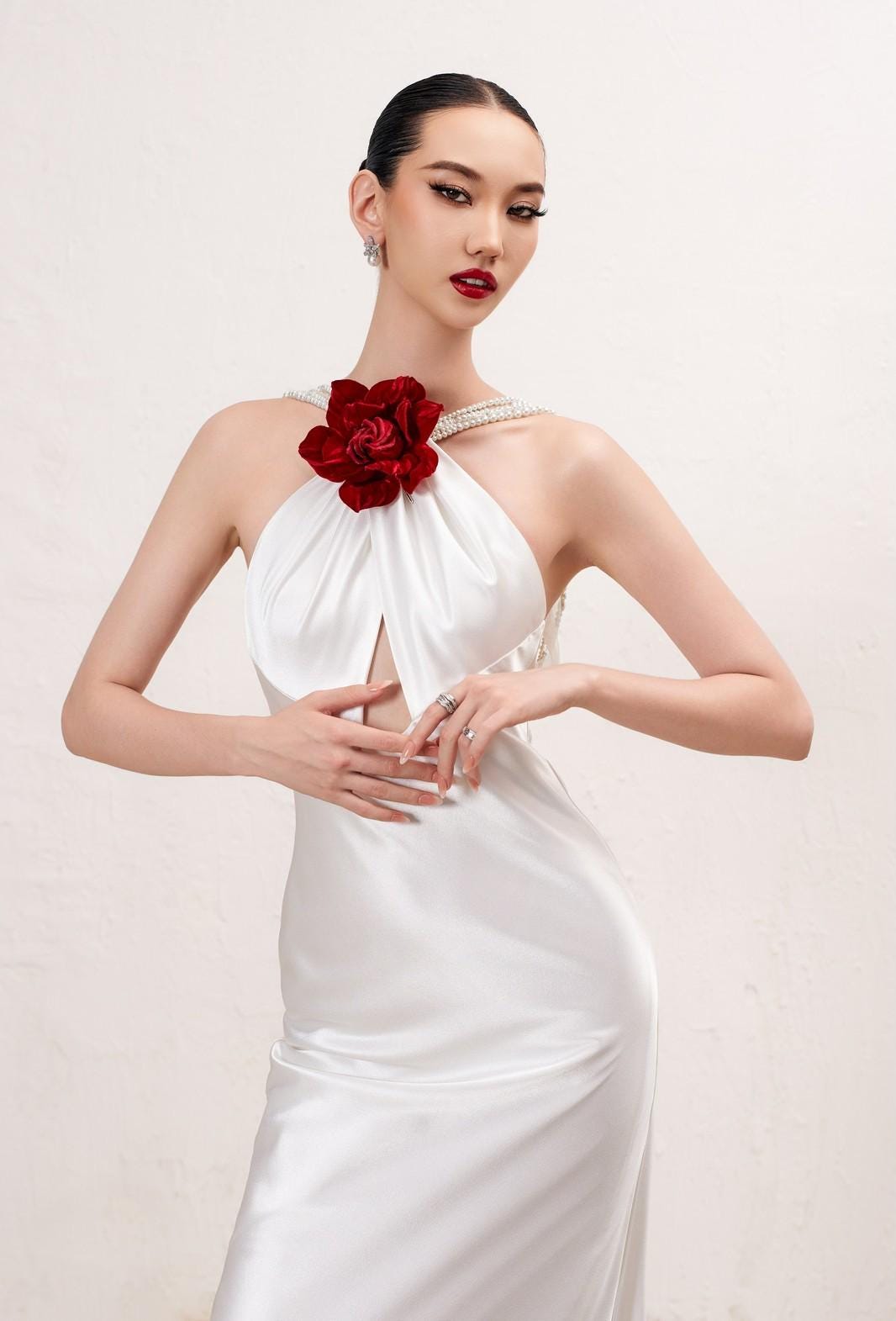 Ivory Silk Halter Wedding Dress, Keyhole Cutout Bridal Gown with Red Floral Accent - Image 2