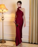 Burgundy Silk Halter Maxi Dress, Elegant Asymmetric Neck Evening Gown
