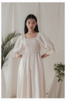 Ivory Silk Smocked Maxi Dress, Romantic Square Neck Puff Sleeve Gown