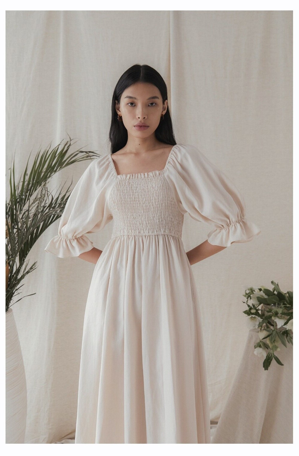Ivory Silk Smocked Maxi Dress, Romantic Square Neck Puff Sleeve Gown