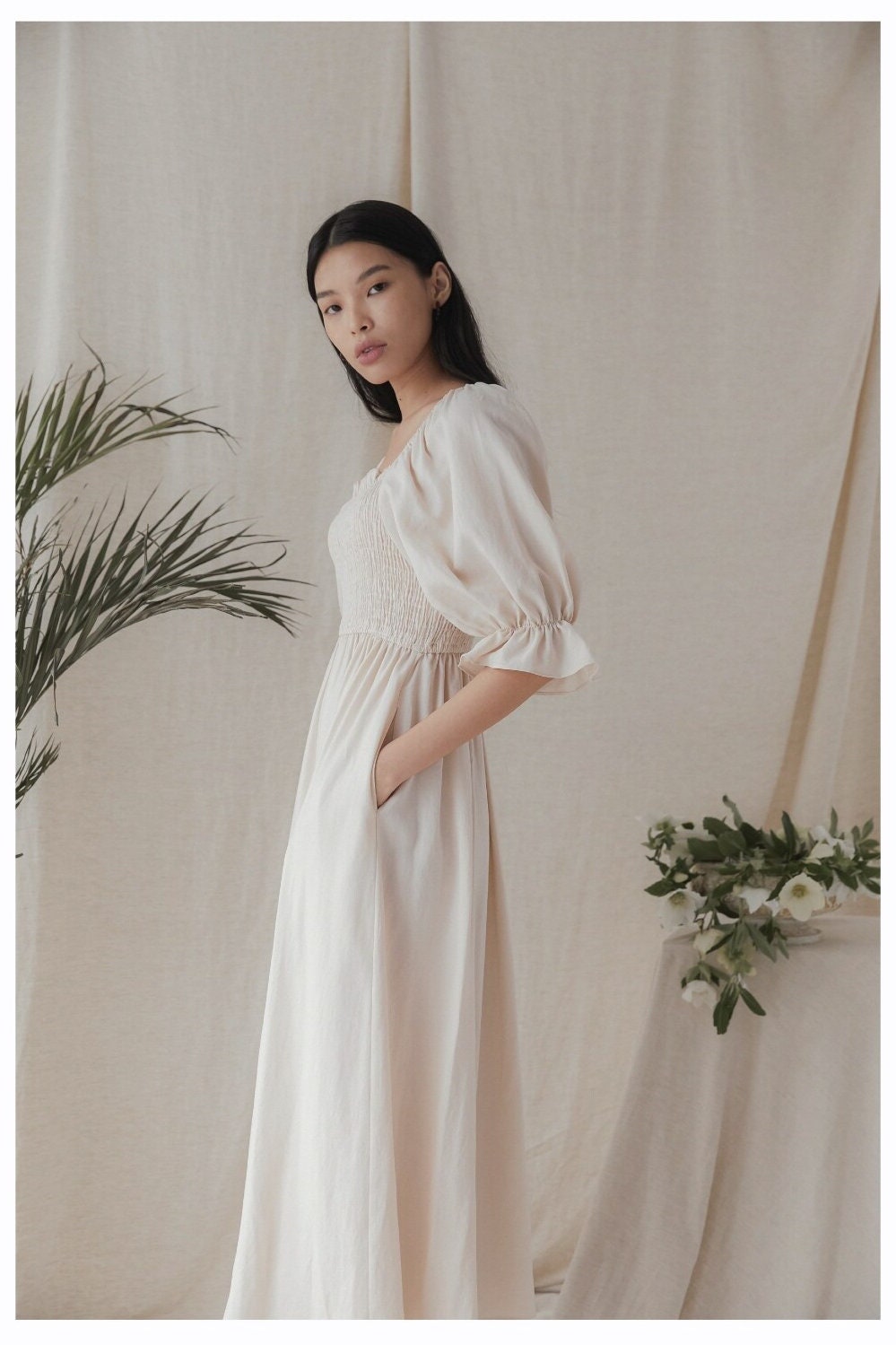 Ivory Silk Smocked Maxi Dress, Romantic Square Neck Puff Sleeve Gown - Image 5