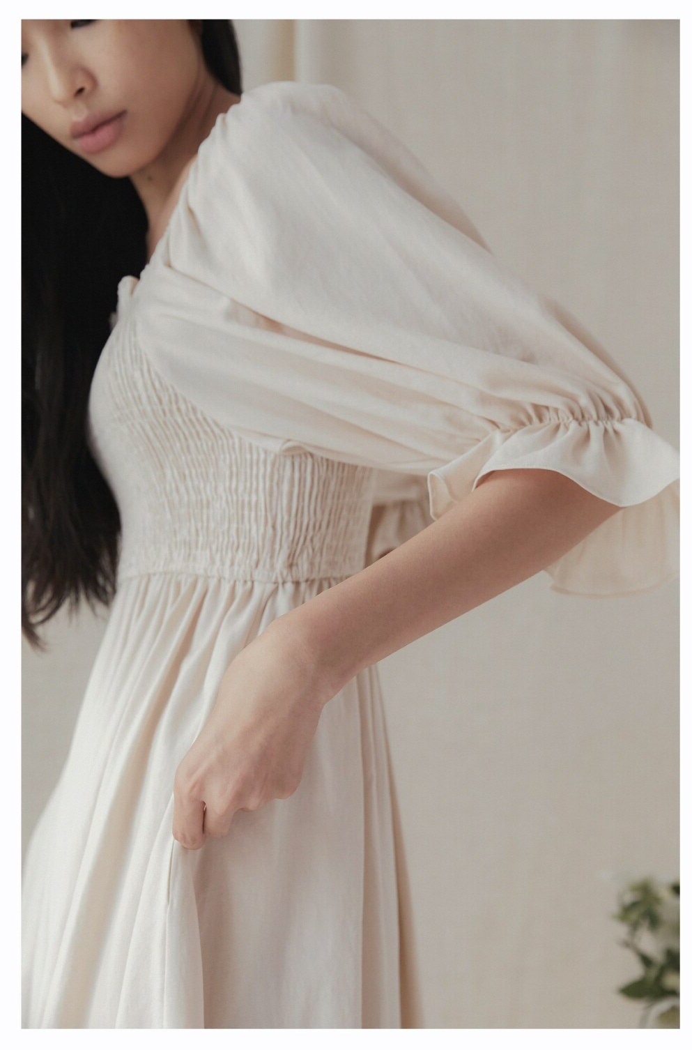 Ivory Silk Smocked Maxi Dress, Romantic Square Neck Puff Sleeve Gown - Image 4