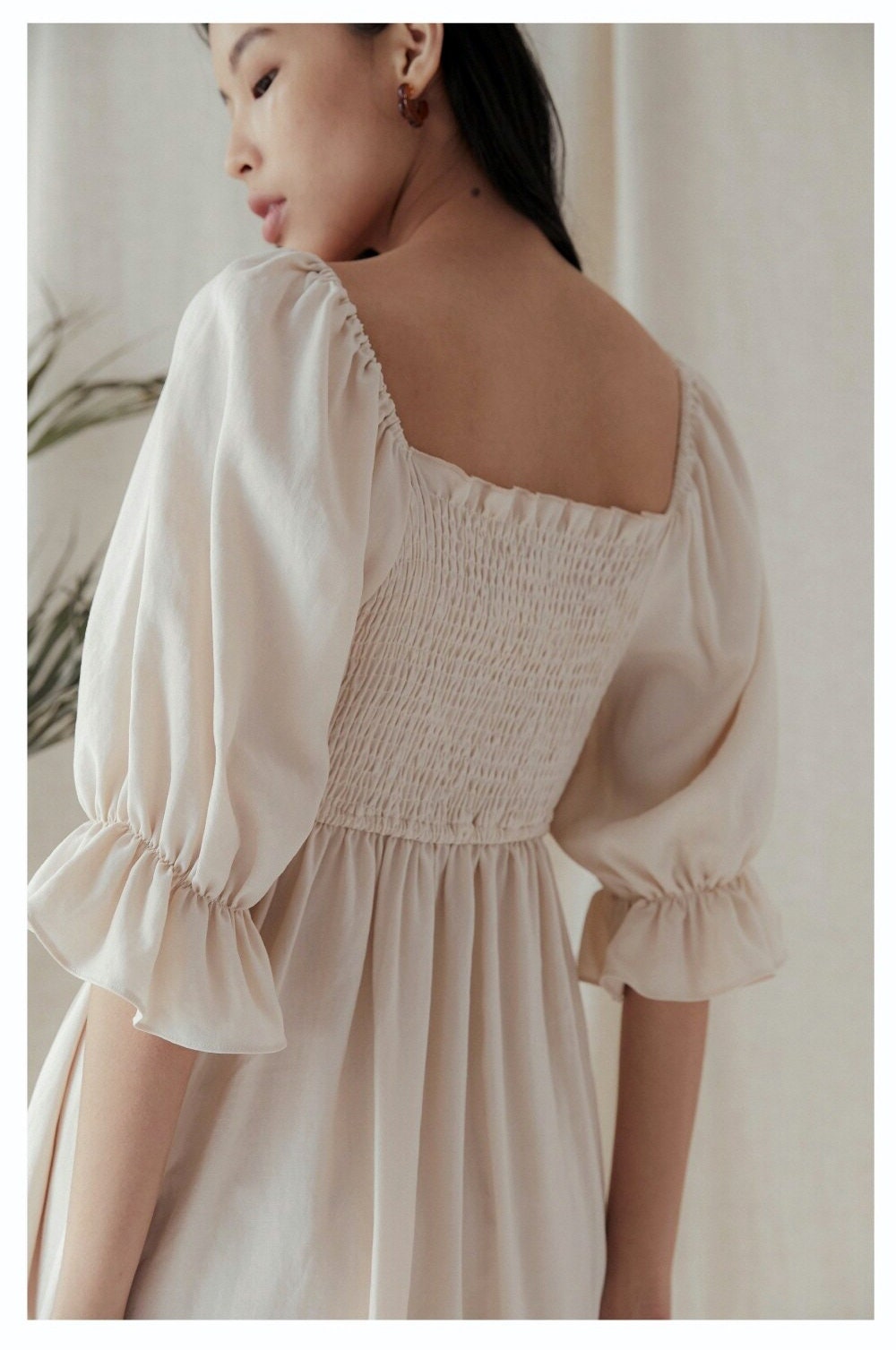 Ivory Silk Smocked Maxi Dress, Romantic Square Neck Puff Sleeve Gown - Image 2