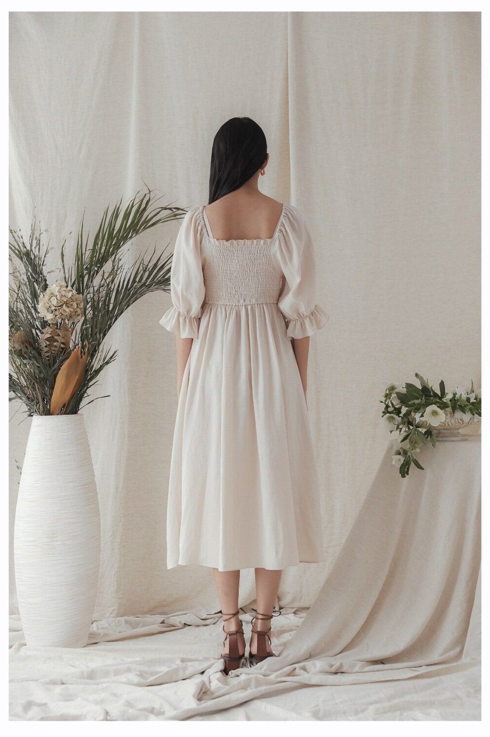 Ivory Silk Smocked Maxi Dress, Romantic Square Neck Puff Sleeve Gown - Image 3
