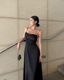 Black Silk Spaghetti Strap Maxi Dress, Elegant Fitted Bodice Evening Gown