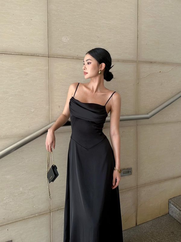 Black Silk Spaghetti Strap Maxi Dress, Elegant Fitted Bodice Evening Gown