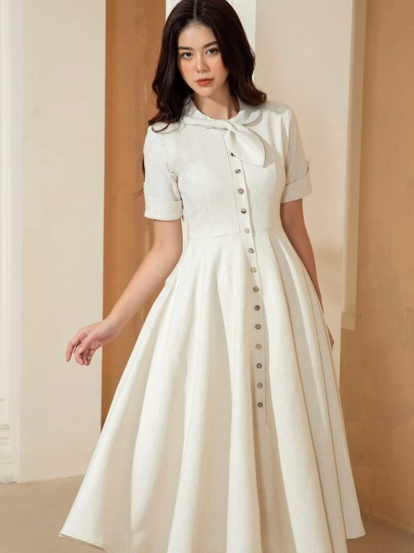 Ivory Linen Button Front Midi Dress, Short Sleeve Collared A-Line Dress